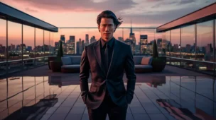 Homem confiante em terno preto em terraço urbano ao pôr do sol com cidade iluminada ao fundo.