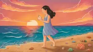 Mulher em praia ao pôr do sol segurando garrafa com luz, conchas coloridas ao redor e céu laranja refletindo na água.